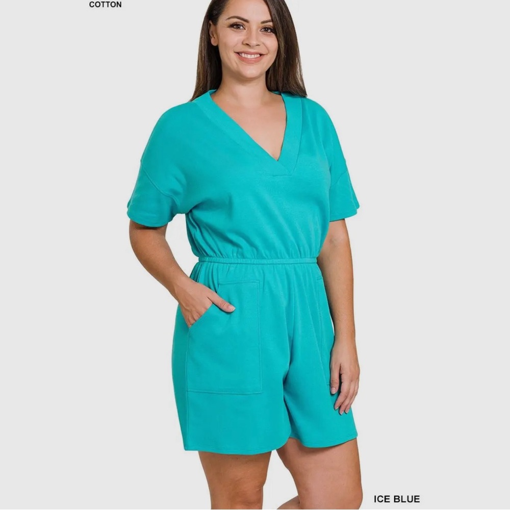 Ice Blue Plus Size Drop Shoulder V-Neck Romper with Pockets
